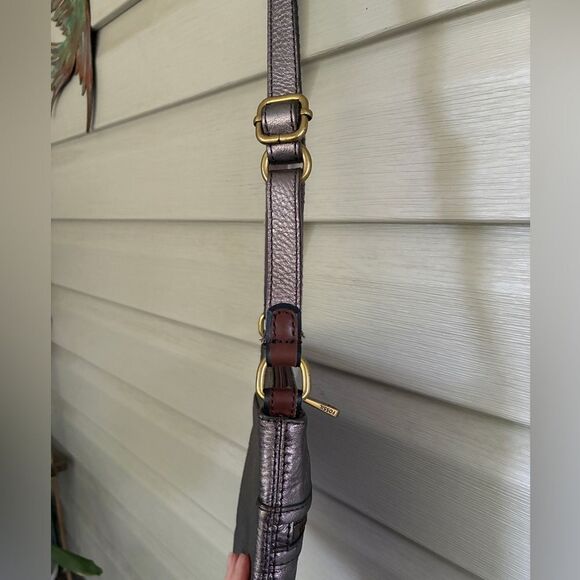 FOSSIL vintage 90s crossbody explorer bag leather purse metallic gun metal gray - Picture 13 of 16